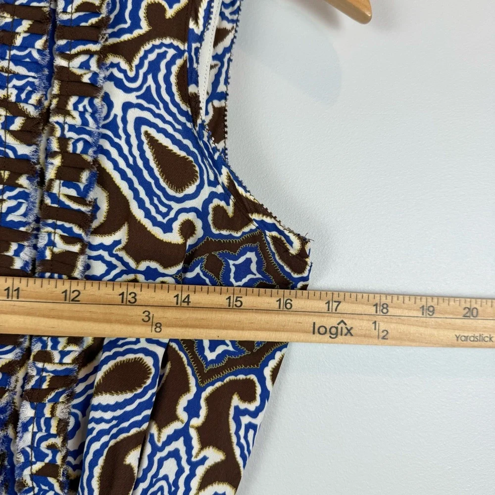 Tory Burch 100% Silk Dress Women's 0 Brown Blue Printed Sleeveless Classic Retro